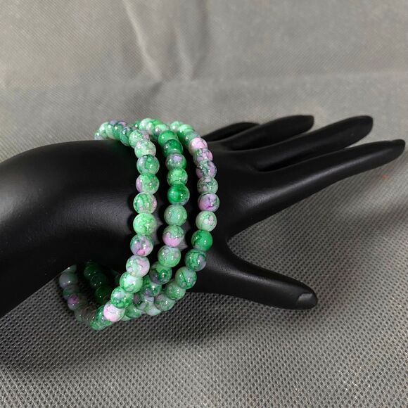 Glass Beads Bracelets Set of 3 Pink Green Marbled Pattern Stretch - Picture 3 of 6